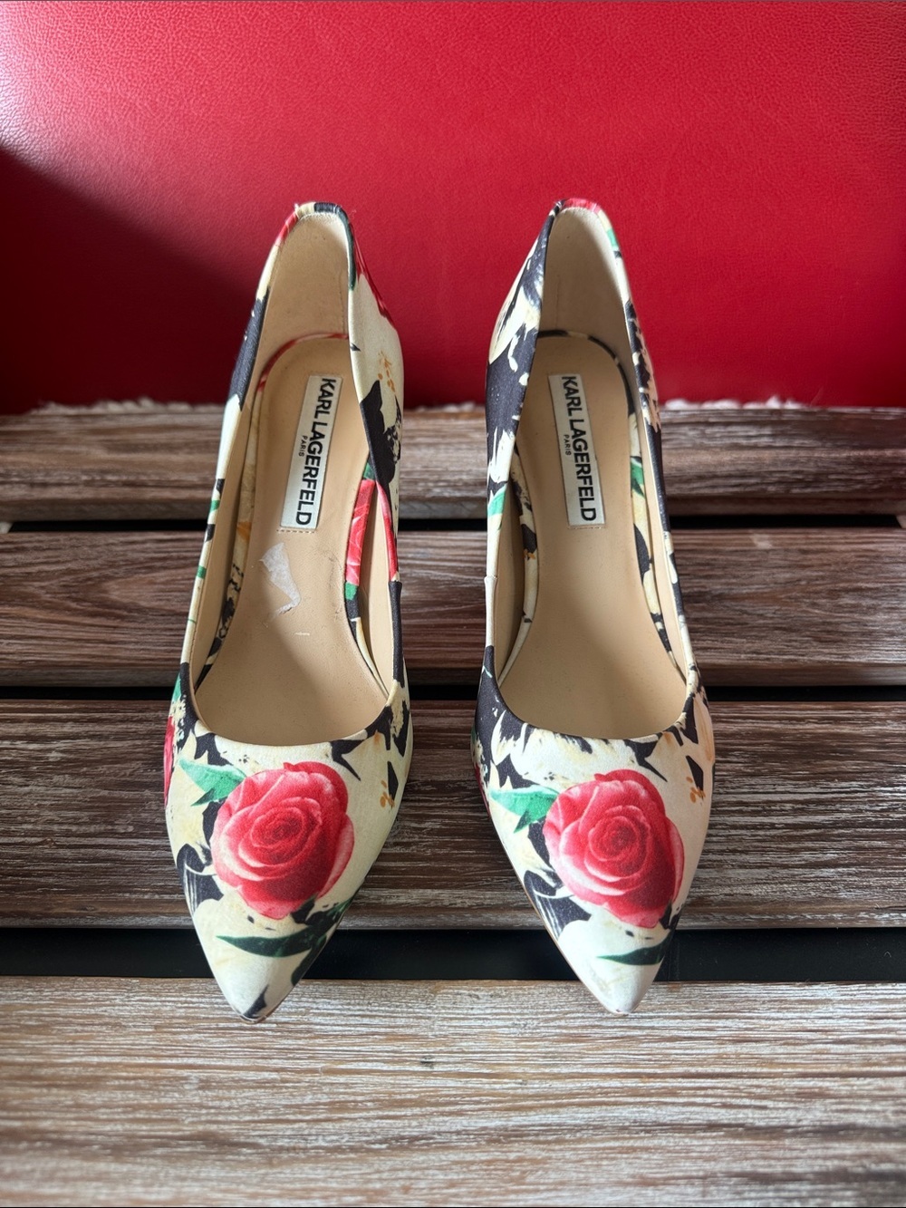 Karl Lagerfeld Floral Rose Pointed-Toe Pumps in Red and Cream